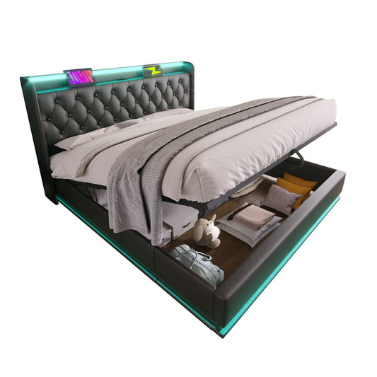 Upholstered Bed, 360 Surround LED Function, Remote Control, Hydraulic Storage Bed With USB, Type-C Charging (Without Mattress)