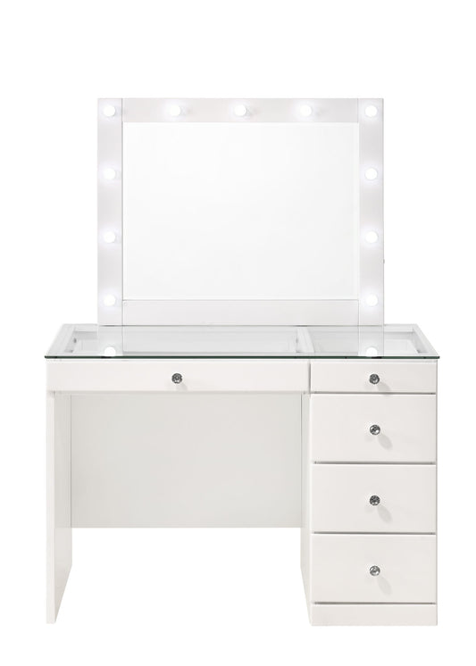 Morgan - Vanity Desk With Glass Top, LED Luxo Mirror & Stool - White