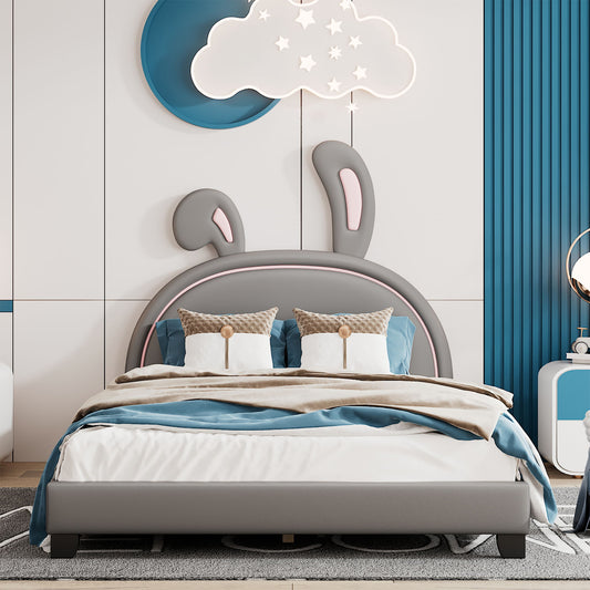 Upholstered Leather Platform Bed With Rabbit Ornament