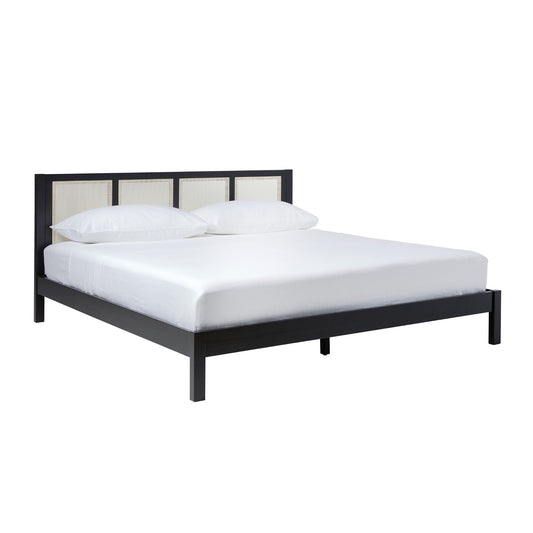 King Bed With Rattan Panel Headboard - Black