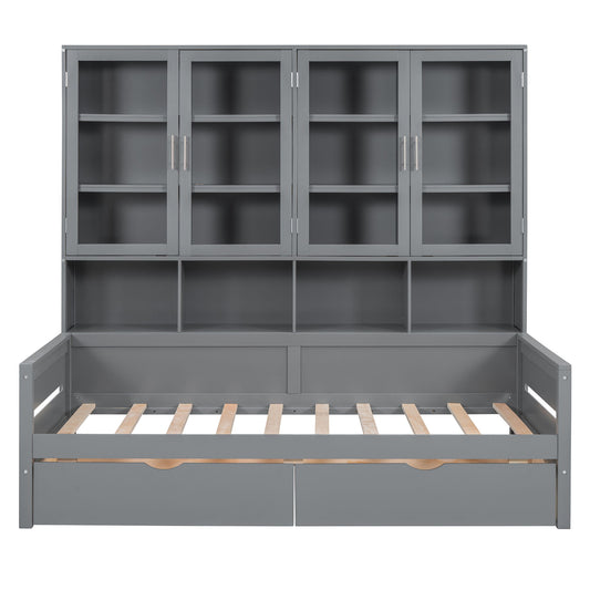 Daybed With Glass Door Storage Cabinets, Built In LED Lighting And Shelves