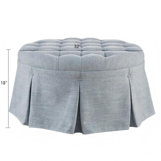 Skirted Tufted Round Ottoman With Button Top - Gray
