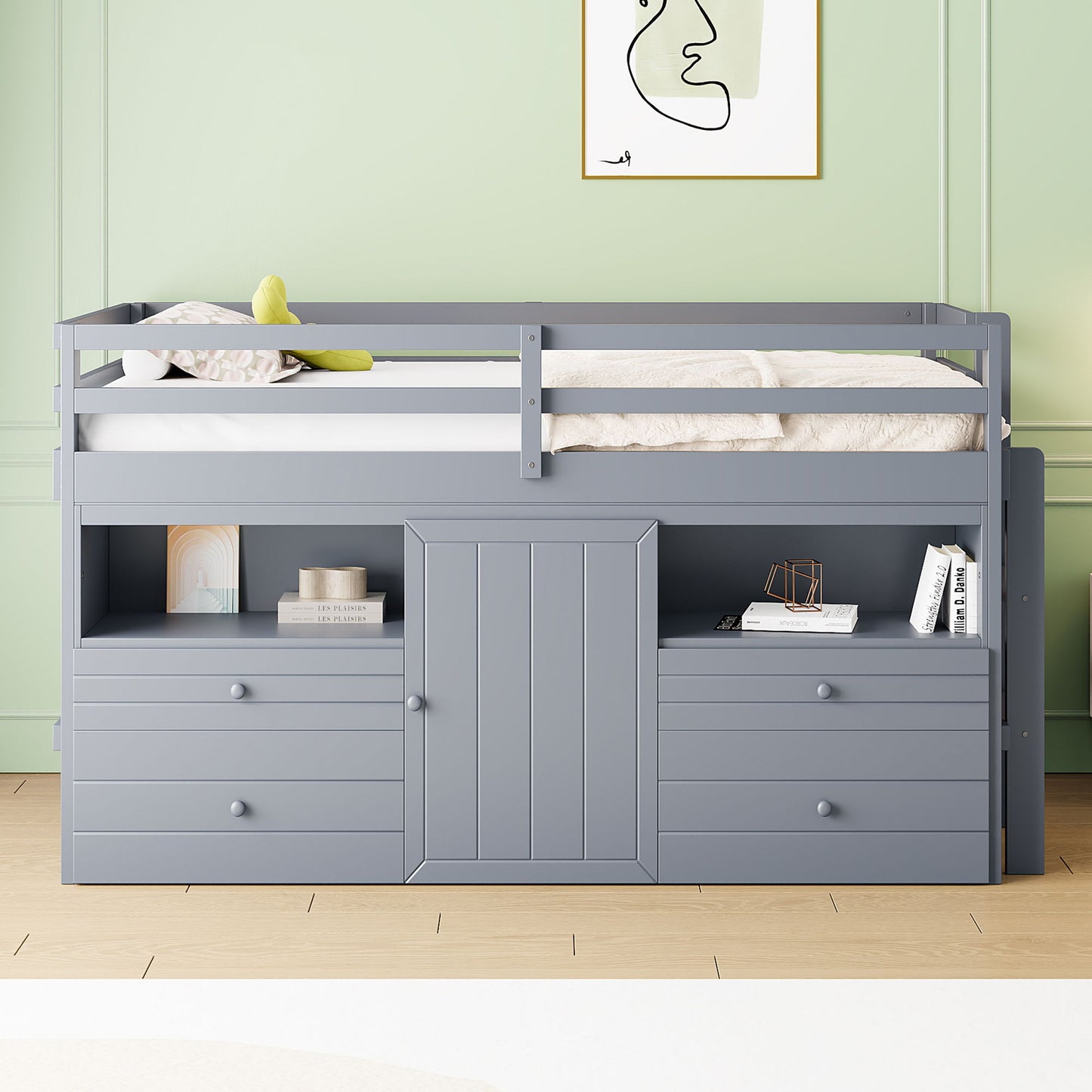 Loft Bed With 4 Drawers, Underneath Cabinet And Shelves