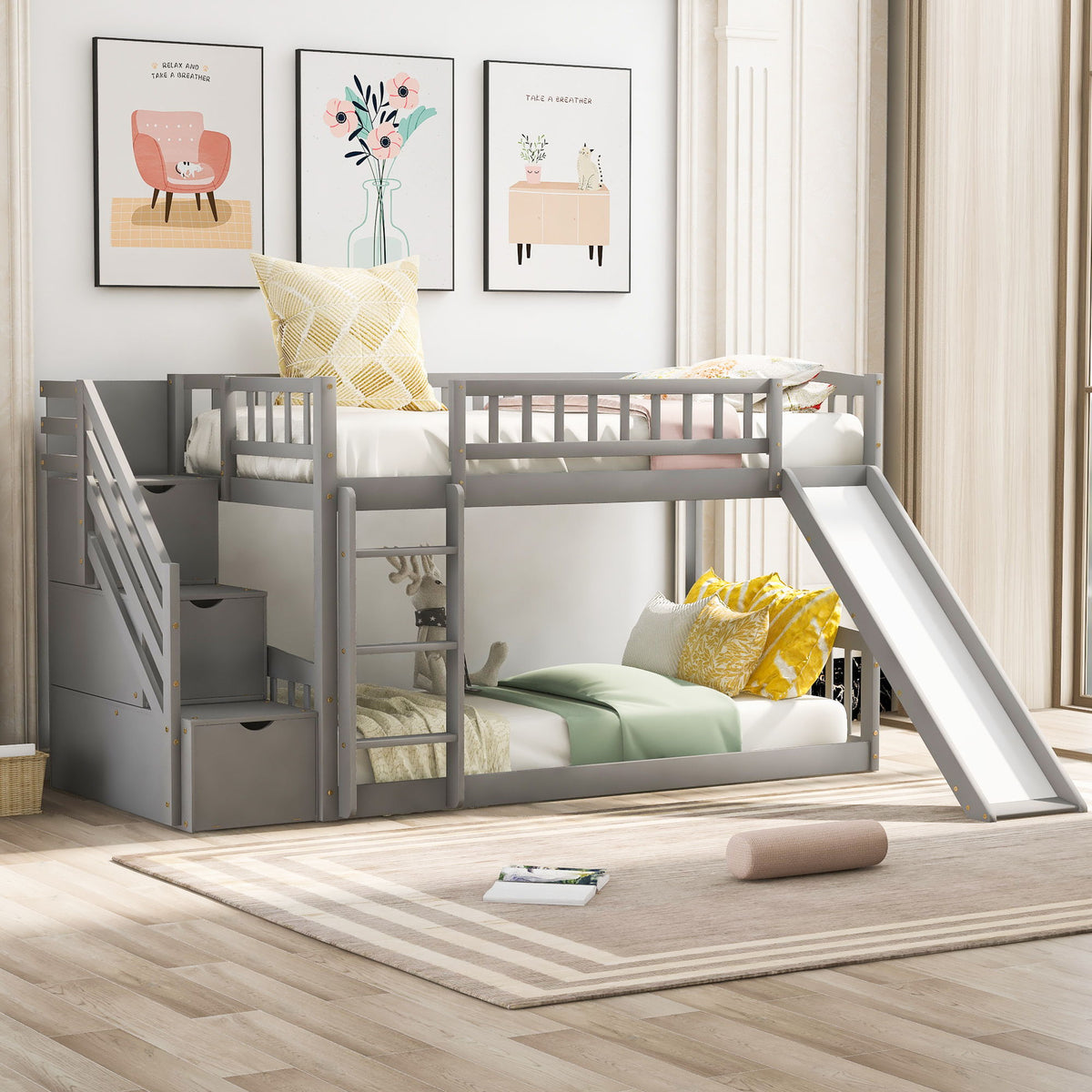 Twin Over Twin Bunk Stairway Bed With 2 Drawers And Slide - Gray