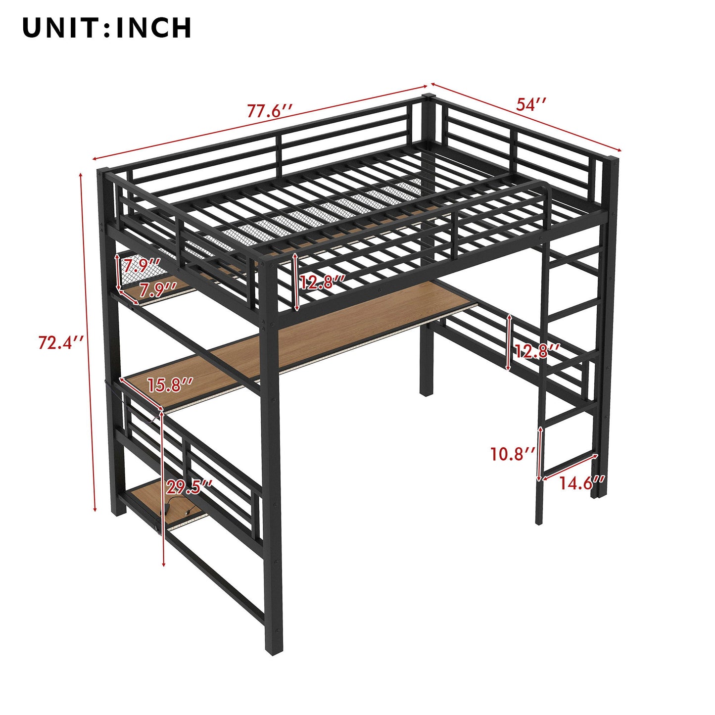 Full Size Loft Bed Frame With Storage Shelf And LED Light - Black