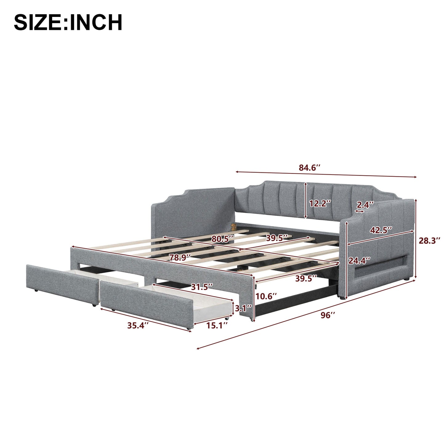 Extendable Daybed With LED Light And 2 Storage Drawers
