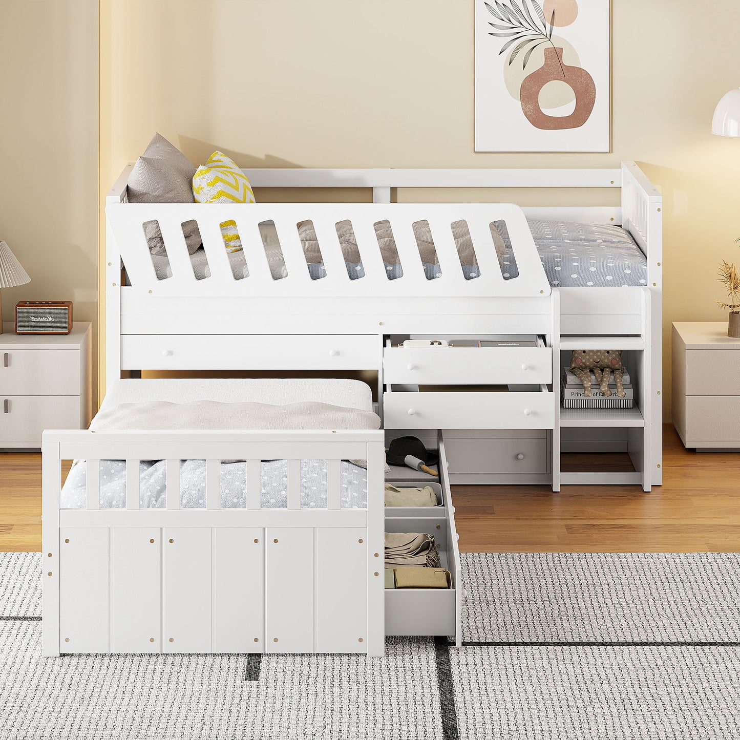 Loft Platform Bed With 7 Drawers And Full Guardrails, Modern L Shaped Space Savin