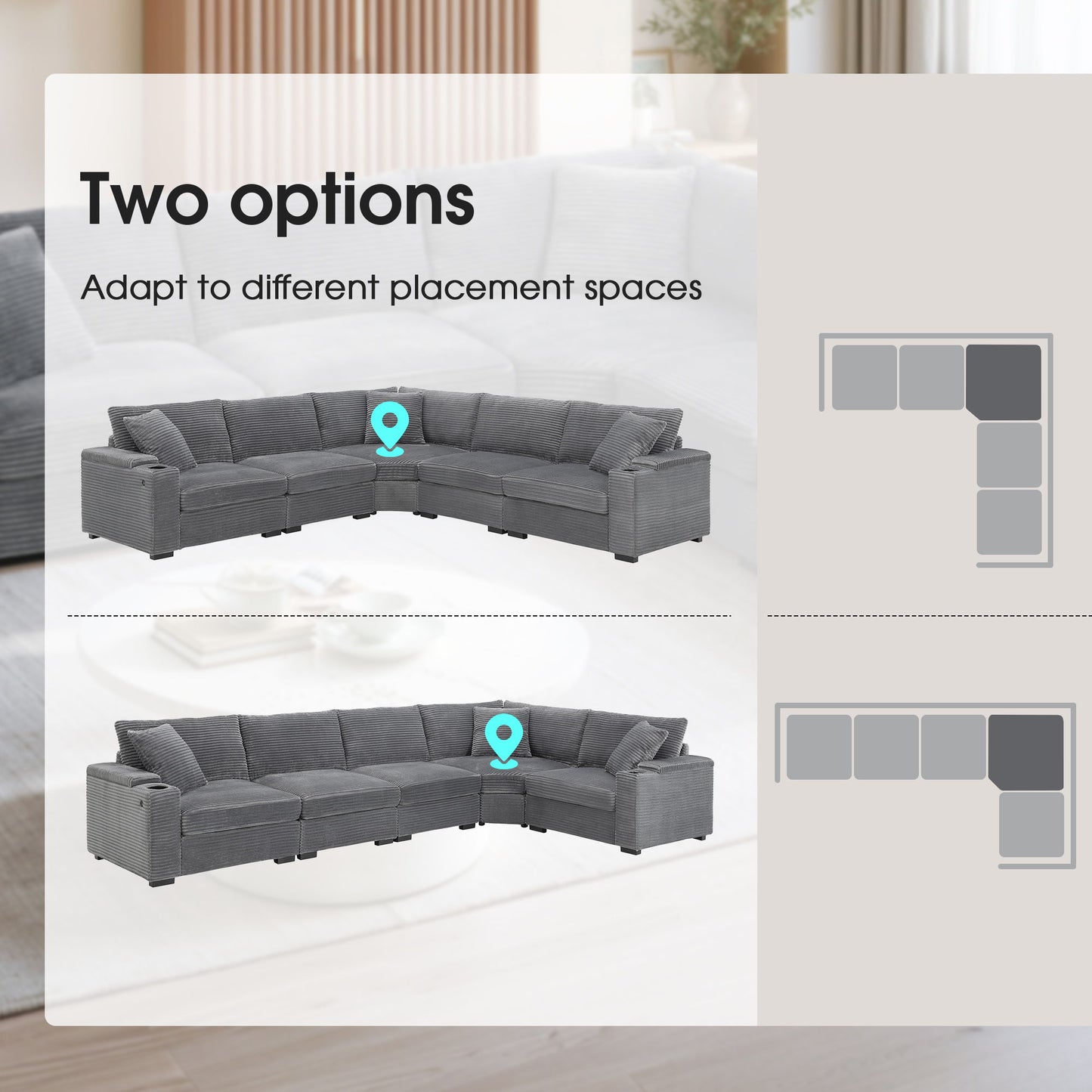 Convertible L Shaped Sectional Corner Couch With Armrest Storage Cup Holders USB Charger, Irregular Corner Oversized Comfy Modular Sofa