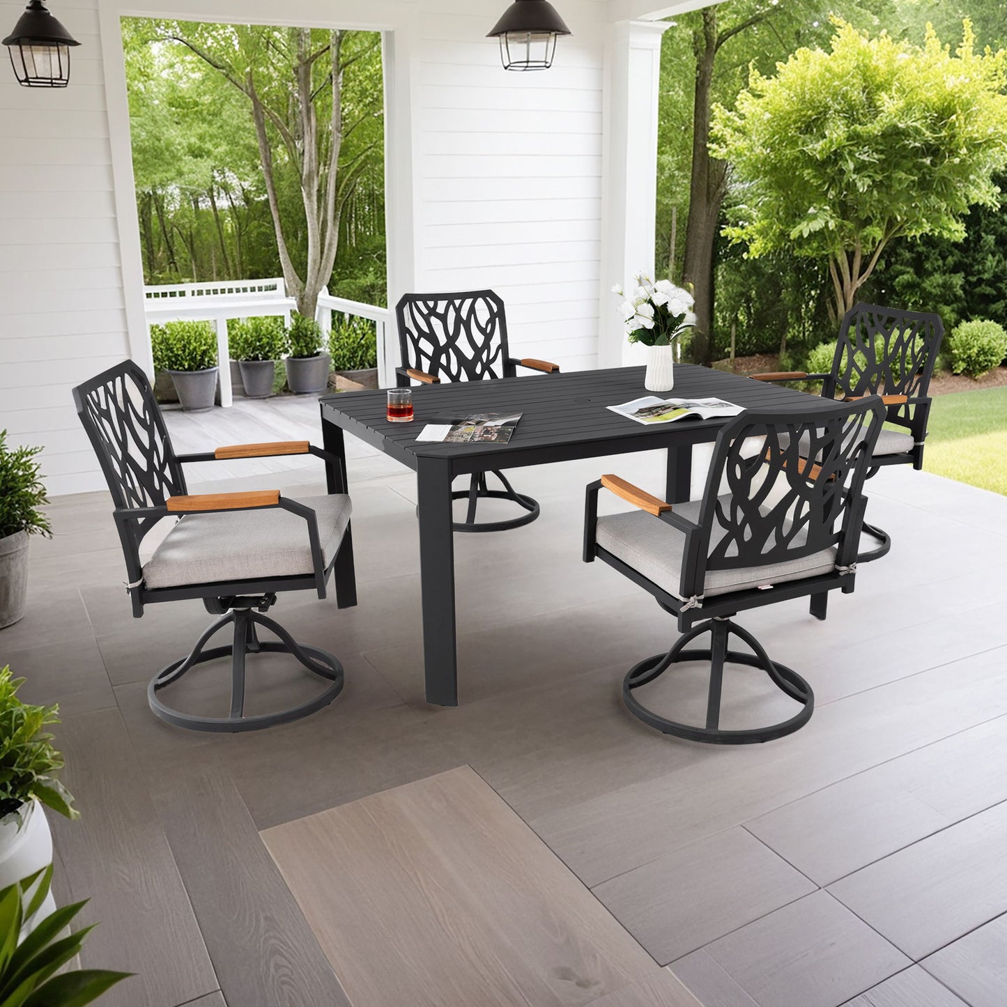 Outdoor Patio Furniture Dining Set With Sunbrella Fabric, Rectangular Table With Umbrella Hole
