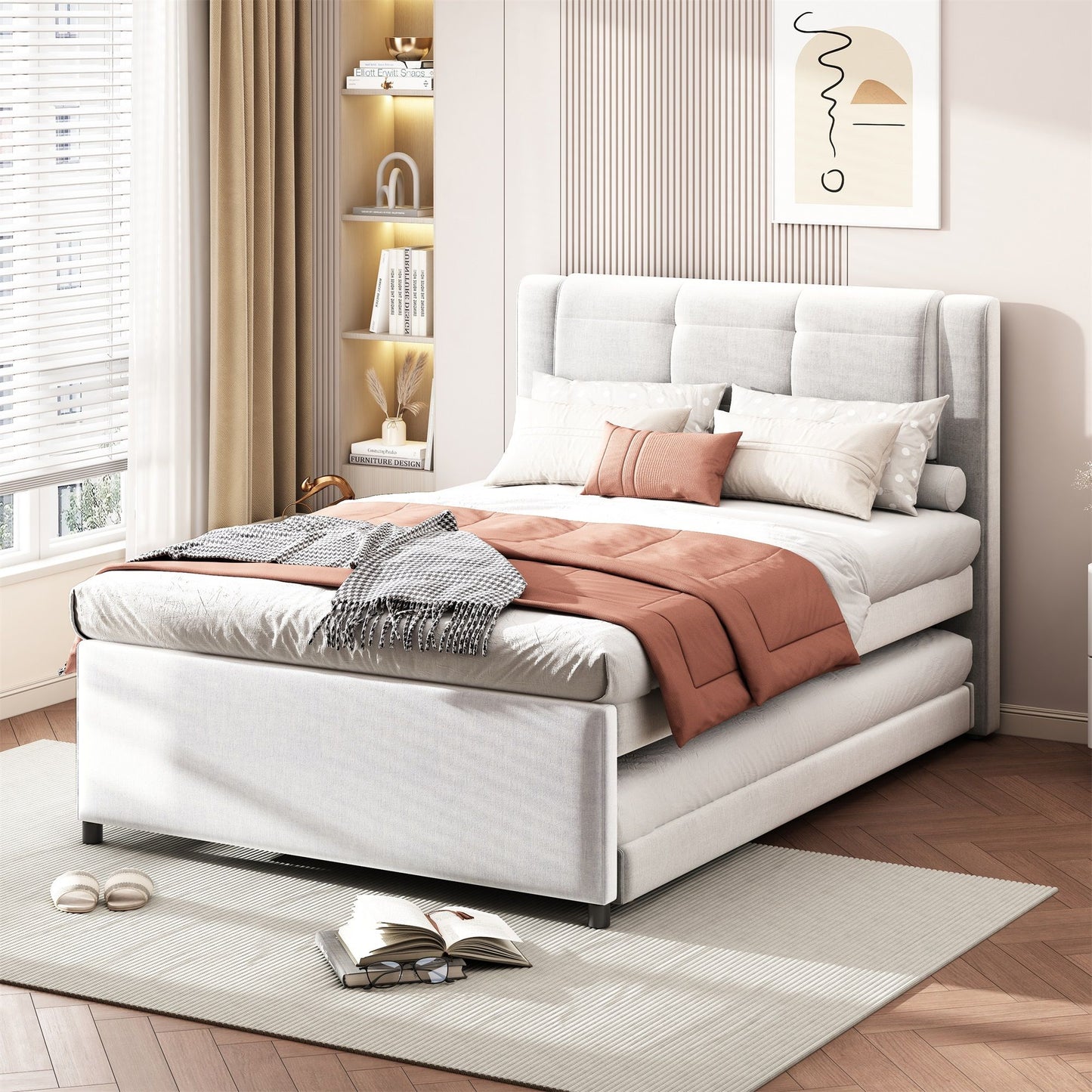 Upholstery Platform Bed With Trundle, Trundle Can Be Flat Or Erected