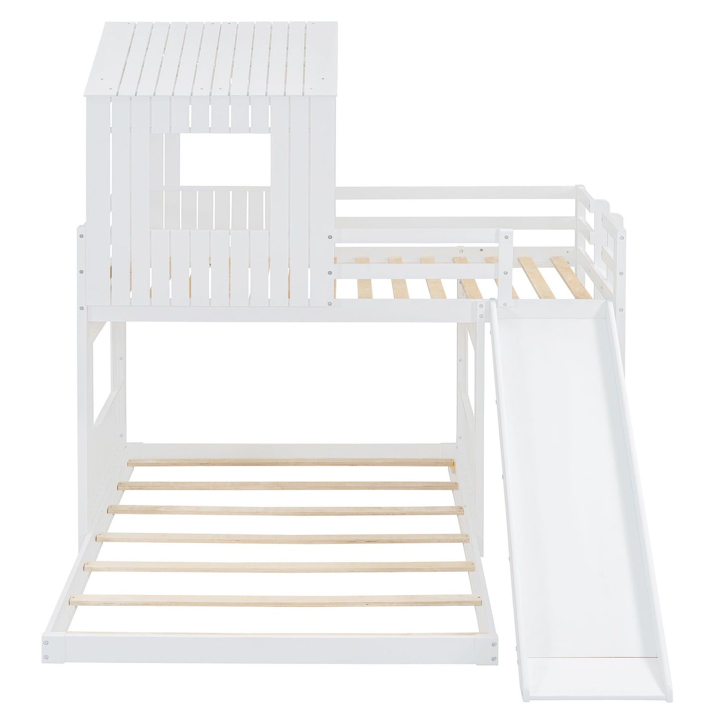Loft Bunk Bed With Playhouse, Farmhouse, Ladder, Slide And Guardrails