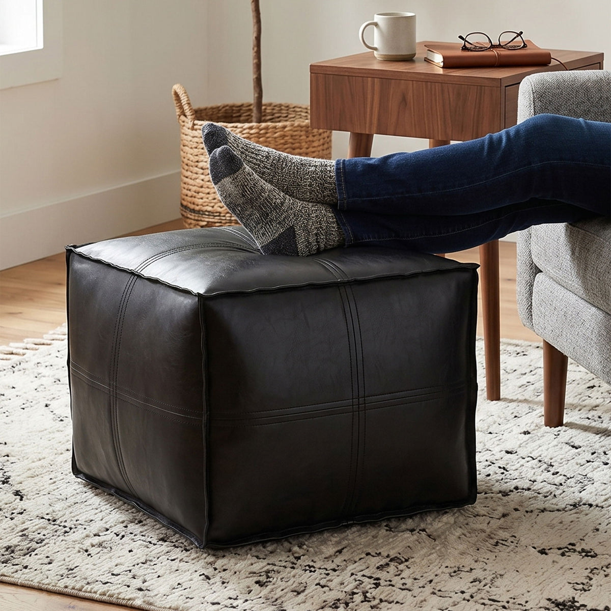 Brody - Square Top Stitched Pouf - Black