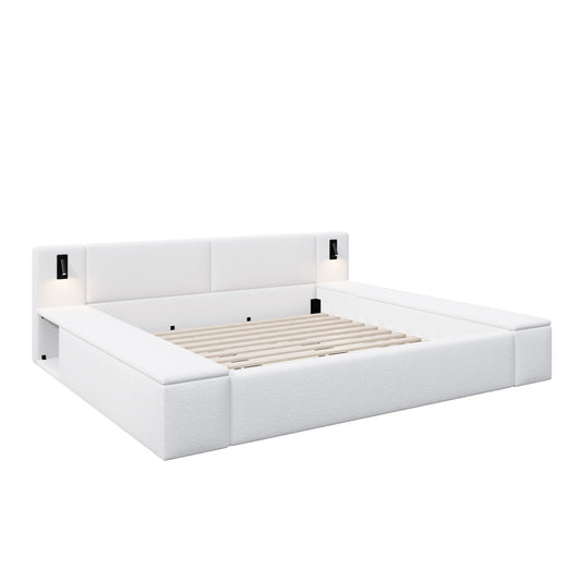 Upholstered Platform Bed Frame With Hidden Storage, Built-In Nightstands & LED Reading Lights