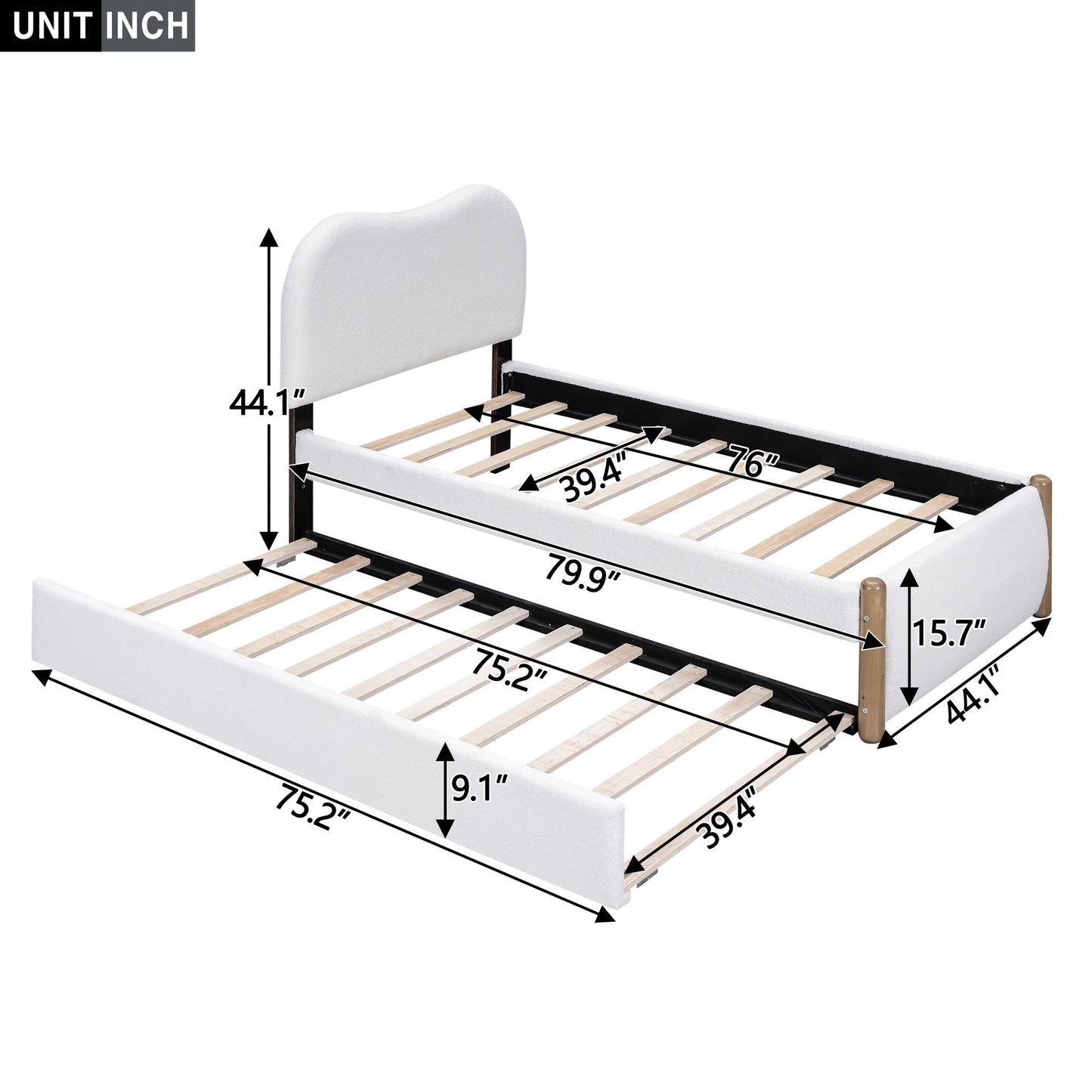 Upholstered Platform Bed With Wood Supporting Feet And Trundle