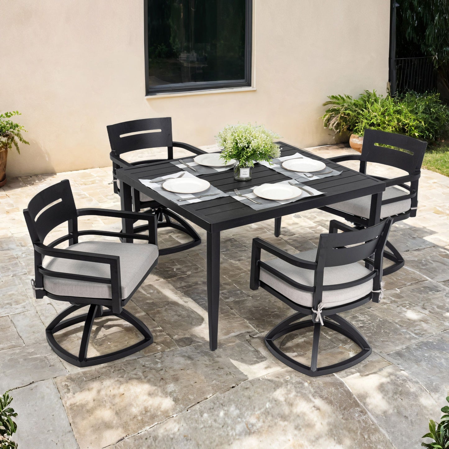 Outdoor Modern Dining Set, Chairs Sunbrella Cushioned And Dining Table With Umbrella Hole
