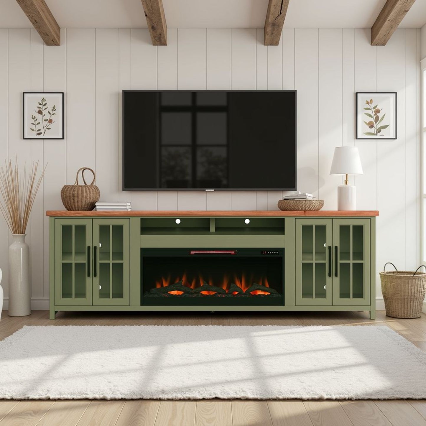 97" Fireplace TV Stand Console For TVs Up To 100" - Sage Green And Fruitwood Finish