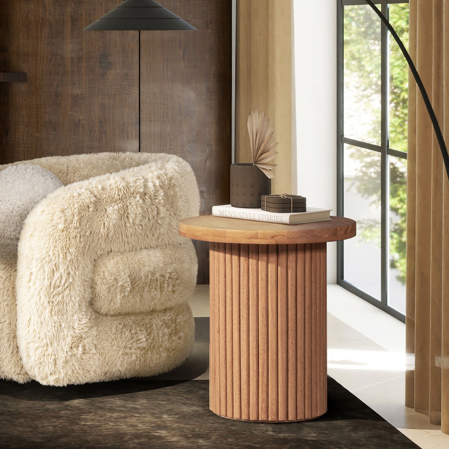 Kenzie - Fluted Pillar Round Accent Side Table - Light Natural Brown