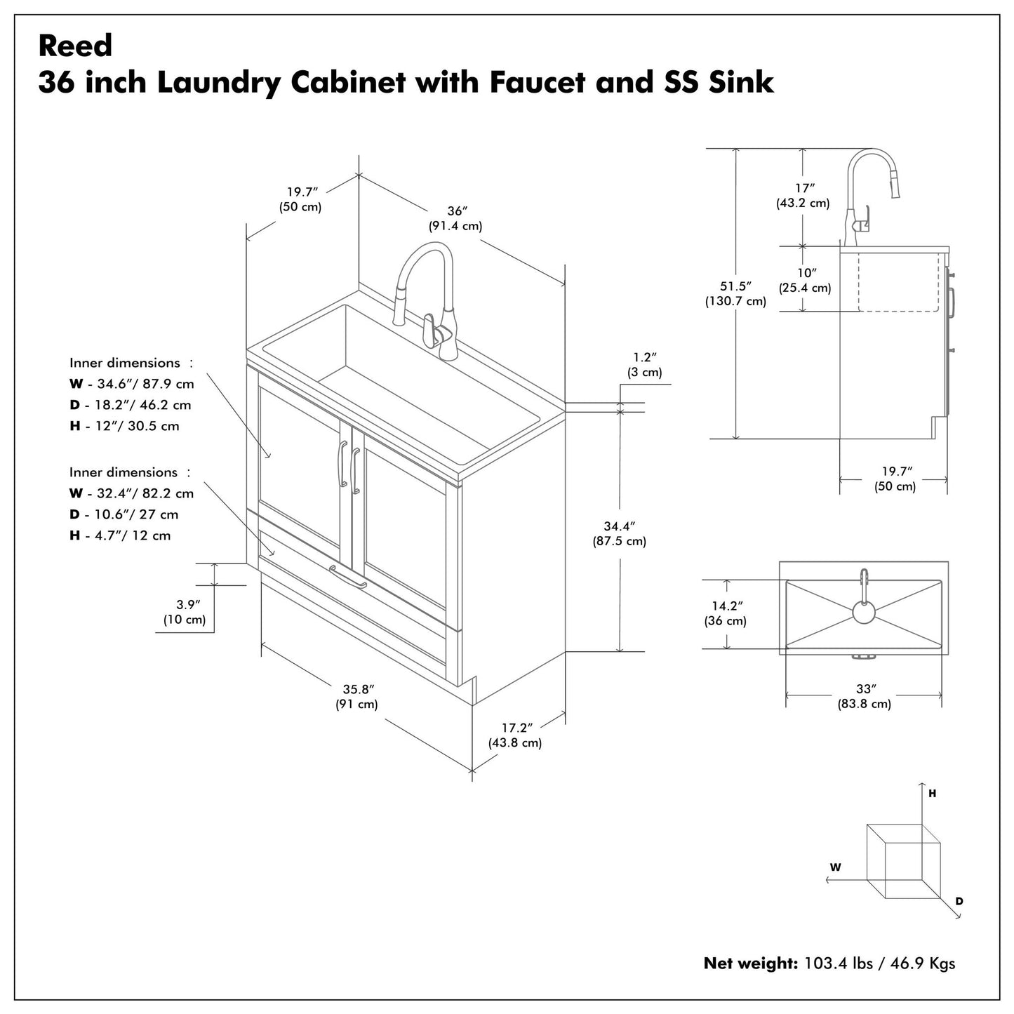 Reed - Deluxe Laundry Cabinet With Pull-Out Faucet And Stainless Steel Sink