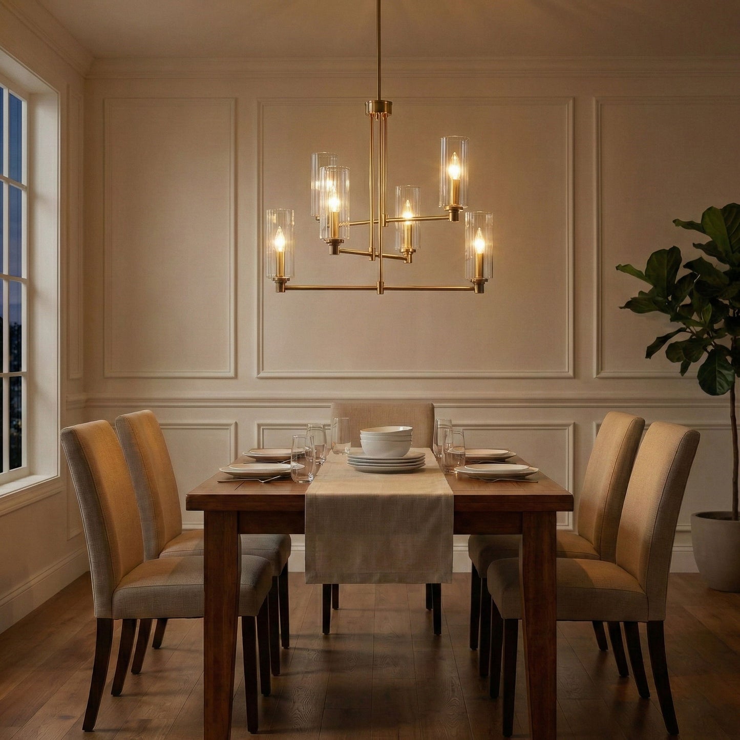 Timeless - 6 Lights Chandelier With Clear Ribbed Satin - Antique Brass / Clear / Gold