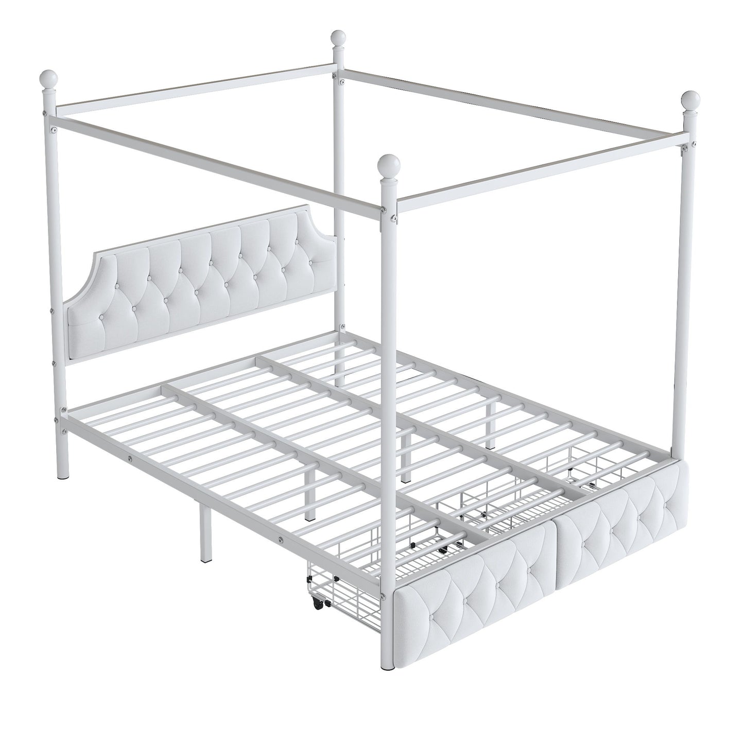 Canopy Platform Bed With Upholstered Headboard And 2 Storage Drawers - White