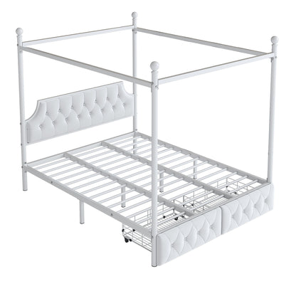 Canopy Platform Bed With Upholstered Headboard And 2 Storage Drawers - White