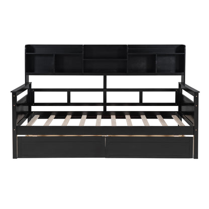 Daybed, Slat Support, With Bedside Shelves And 2 Drawers
