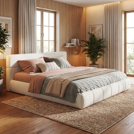 Upholstered Platform Bed Frame With Soft Boucle Headboard