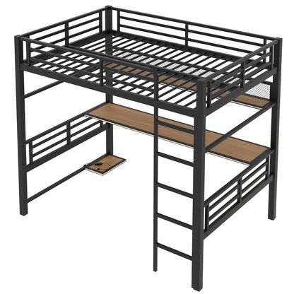 Full Size Loft Bed Frame With Storage Shelf And LED Light - Black