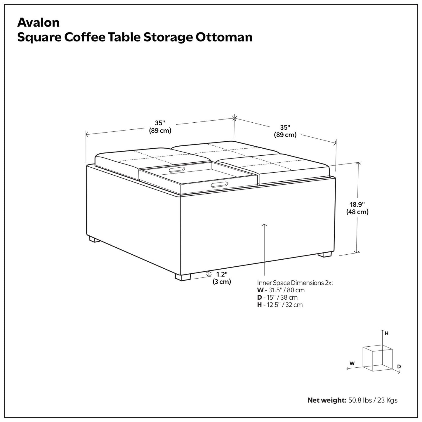 Avalon - Upholstered Square Coffee Table Storage Ottoman
