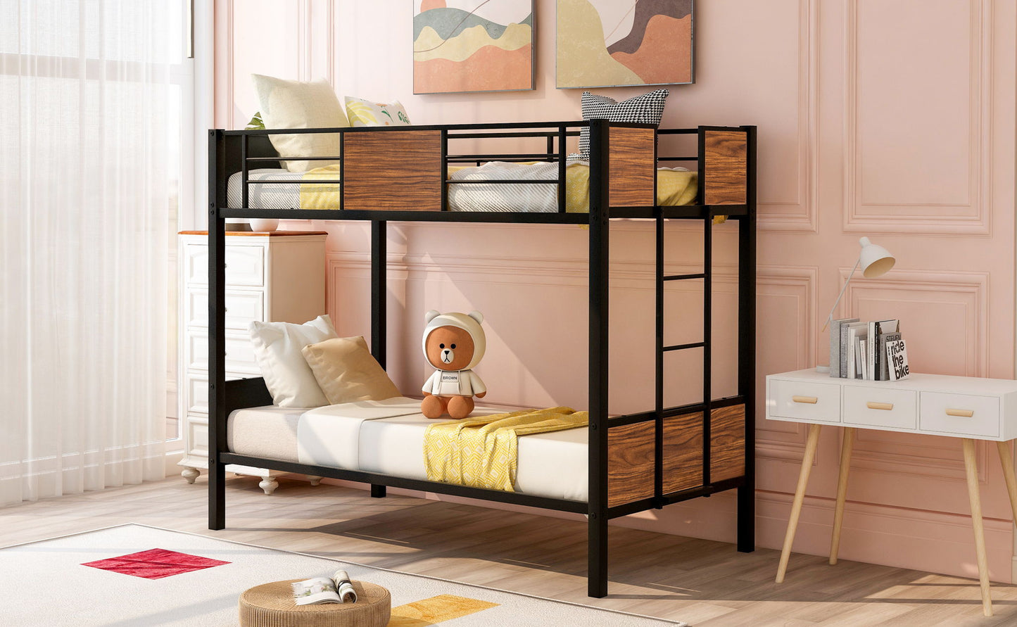 Twin Over Twin Bunk Bunk Bed With Safety Rail, Built In Ladder For Bedroom - Brown