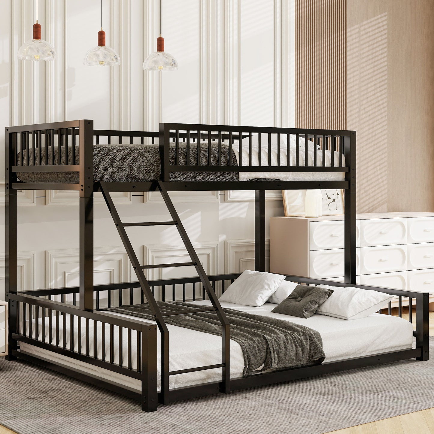 Bunk Bed Frame With Ladder And Safety Guardrails